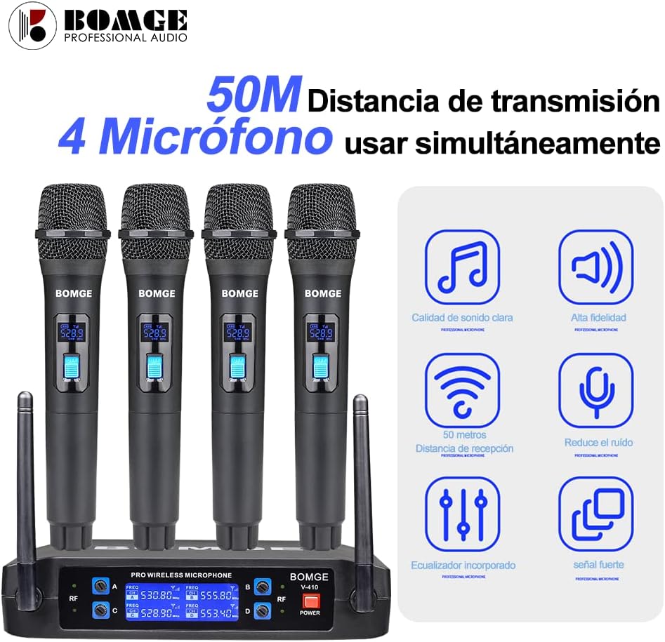 BOMGE Wireless Microphone System, Pro 4-Channel Cordless Mic Set with Four Handheld Mics, Fixed Frequency, Long Range 200ft, Ideal for Church,Karaoke, Events (V410)