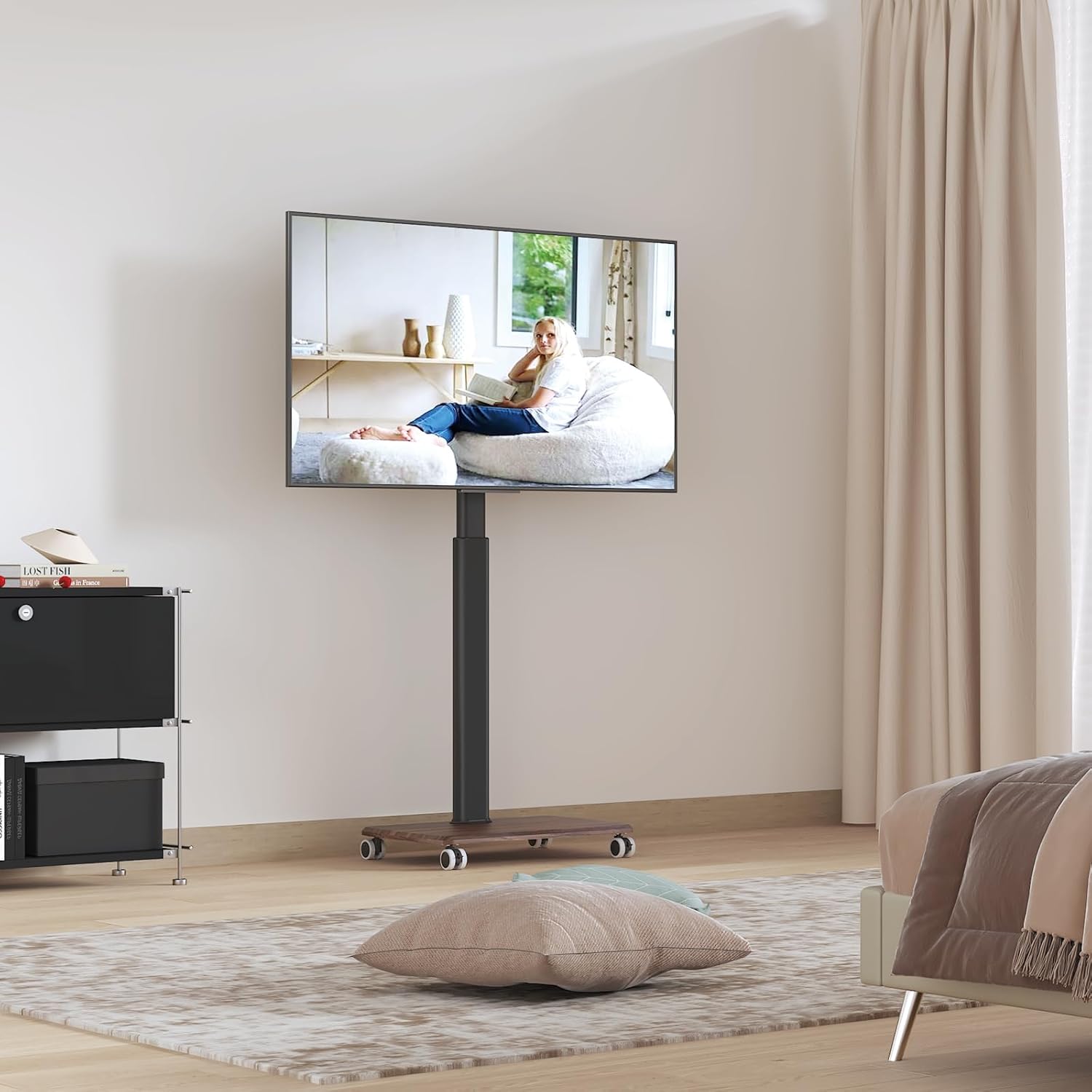 Black Rolling TV Stand for 32 to 55 65 75 85 Inch TVs, Corner TV Floor Stand with Mount, Universal Portable Mobile TV Cart on Wheels, Small TV Stand for Bedroom, Living Room, Conference Room