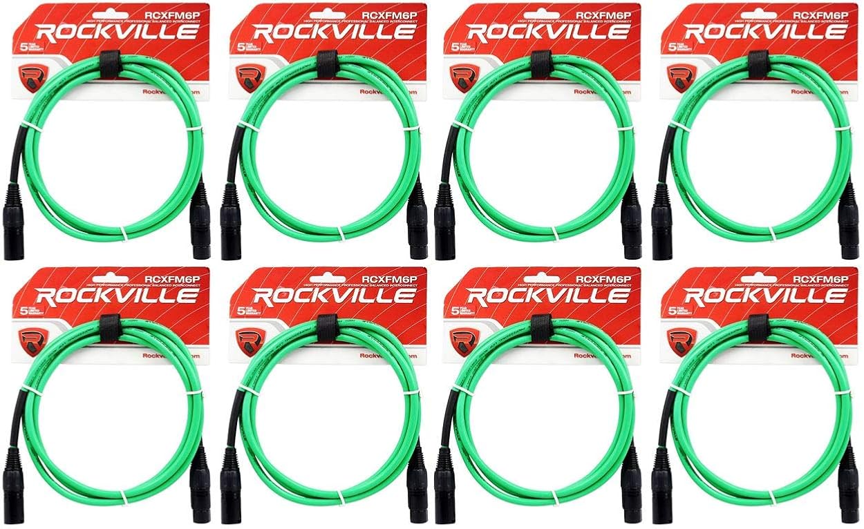 Rockville RCXFM6PG 6ft Female to Male XLR Microphone Cable in Green, REAN Connectors, 100 Percent Copper Conductors, for Studio and Live Sound, 8-Piece