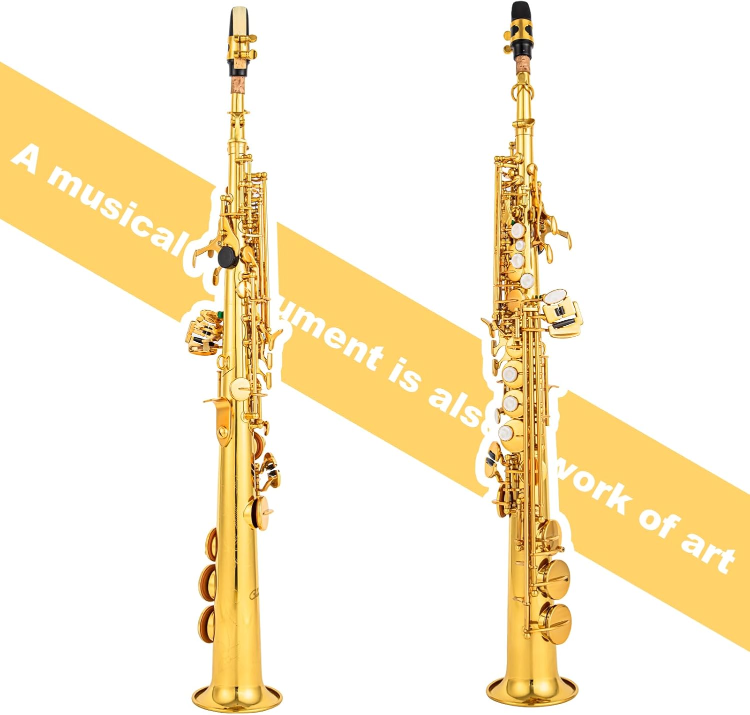 Bb Soprano Saxophone Straight Gold Laquer Sax Instruments for Beginners Students Intermediate Players with Carrying Case,White Gloves.Cleaning kit.neck Strap.Mouthpiece (golden)