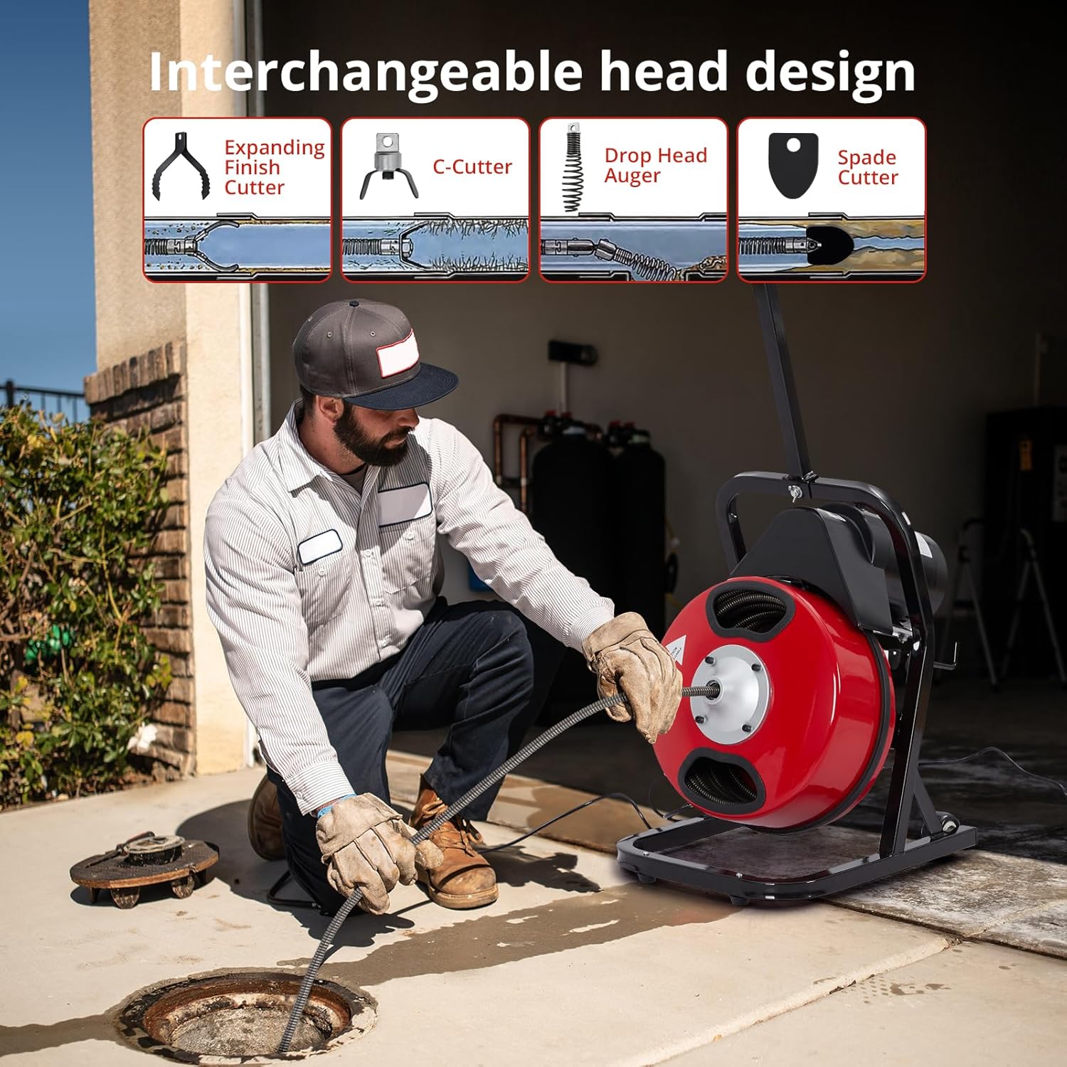 50 FT x 1/2 Inch Drain Cleaner Machine with 250W Motor, Manual Feed Sewer Snake Auger with 4 Cutters & Air-Activated Foot Switch, Semi-Enclosed Drum Drain Cleaning Tool for 2