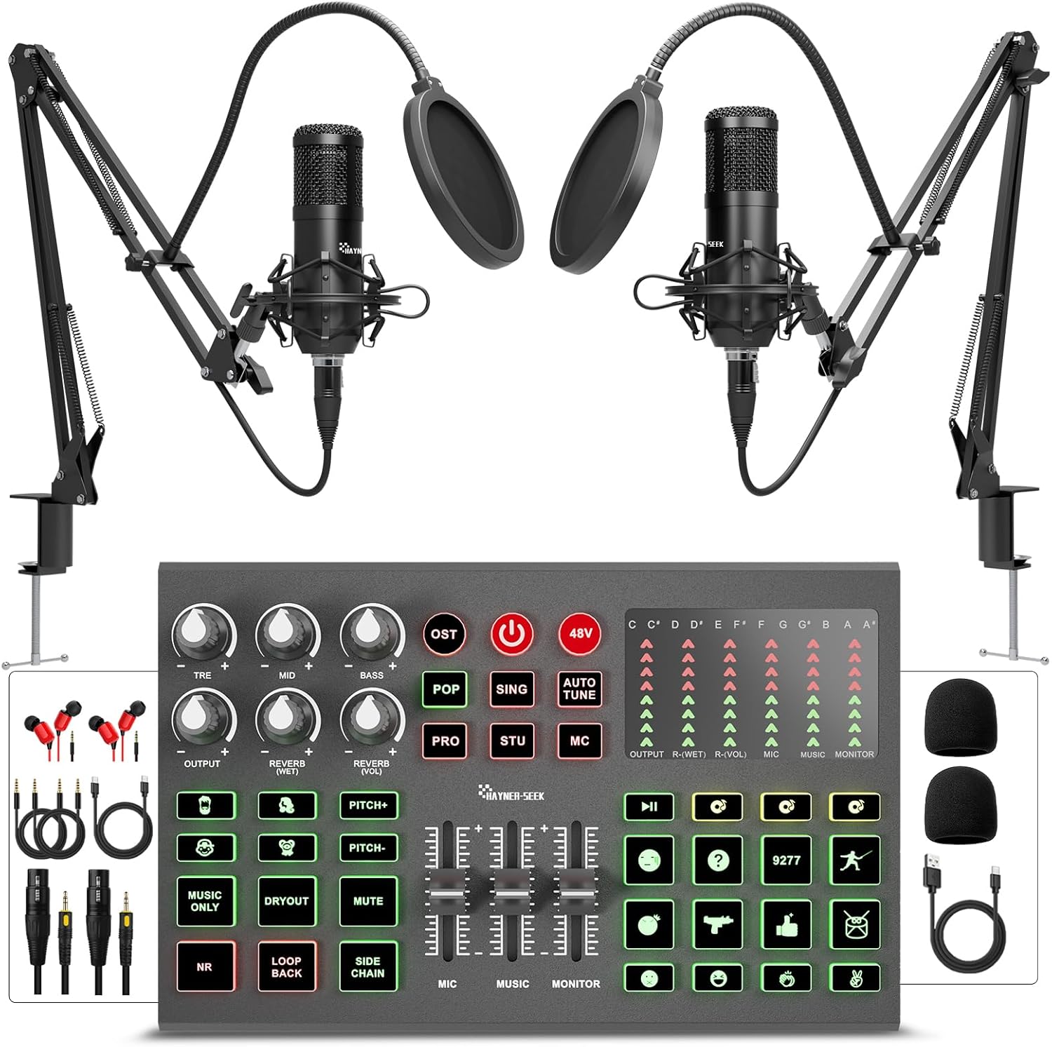 Podcast Equipment Bundle for 2, All-Metal Audio Interface DJ Mixer with Podcast Microphone,Voice Change,48V for Podcast, Streaming, TikTok, YouTube, PC, Smartphone (V1)