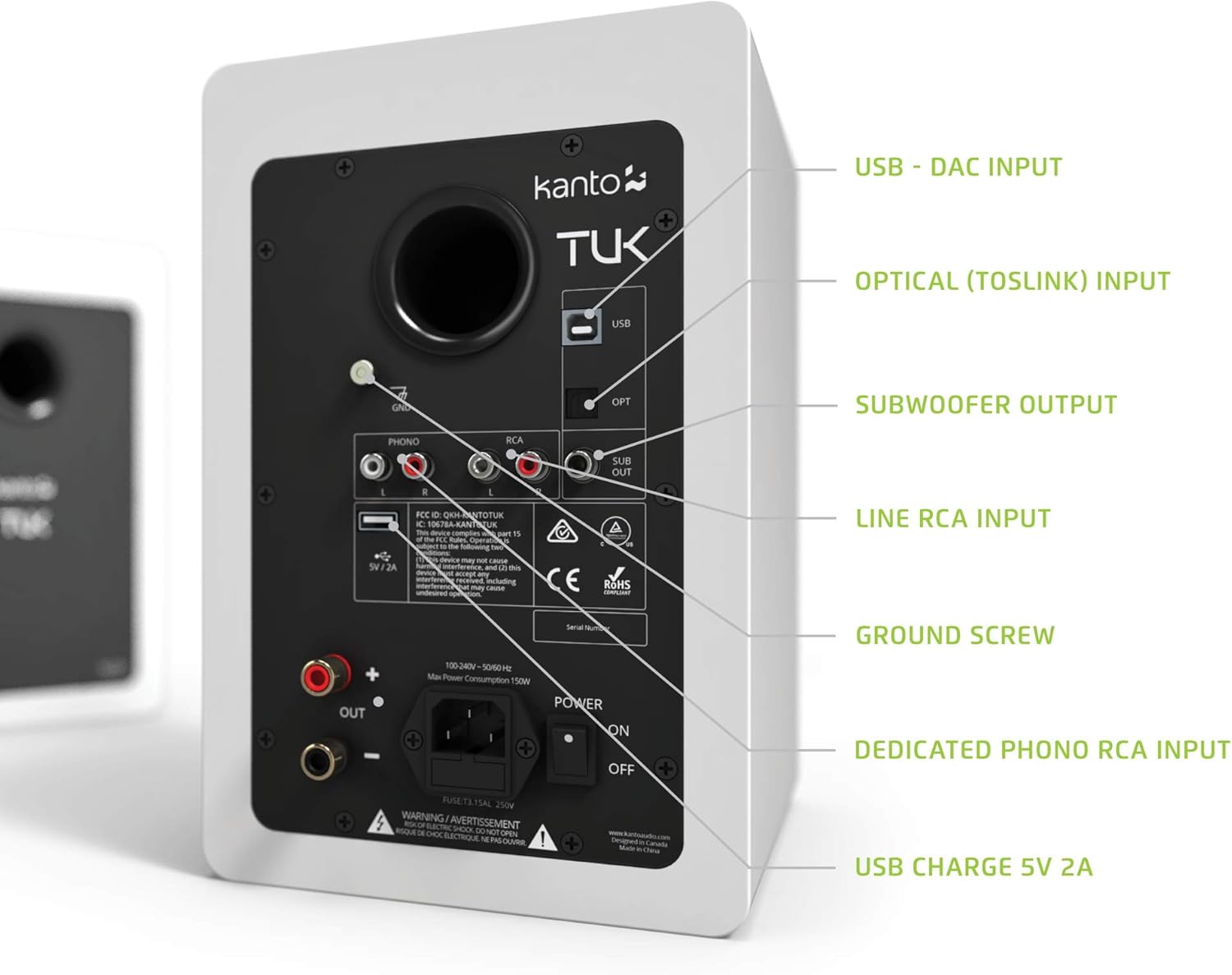 Kanto TUK Powered Speaker with Headphone Out | Built-in USB DAC | Dedicated RCA with Phono Pre-amp | Bluetooth | AMT Tweeter | 5.25