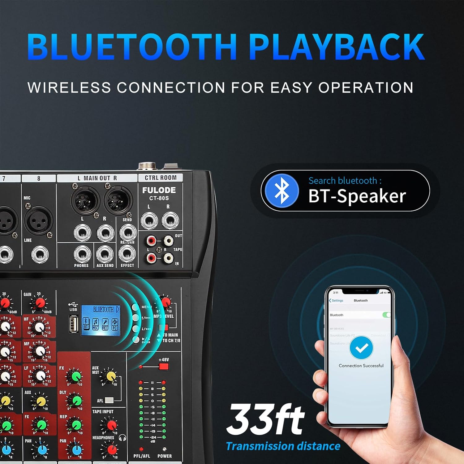 Audio Mixer 8 Channel, CT-80S Professional Sound System Mixer Board DJ Mixing Console with Reverb MP3 Player Bluetooth 48V Phantom Power Supply USB Recording for Studio Karaoke Live Music