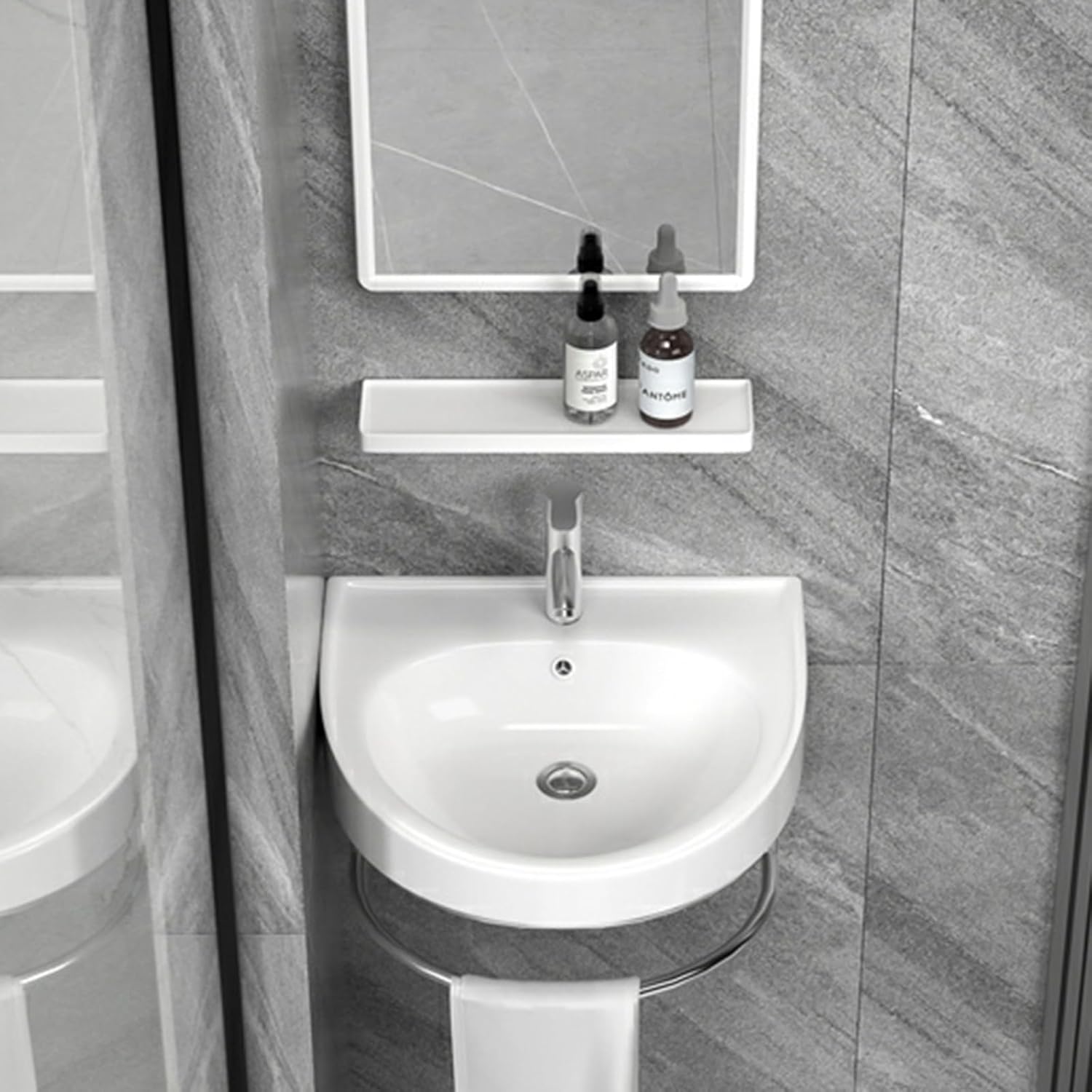 Small Wall Mount Corner Sink, Mini Vanity Vessel Bathroom Sink with Faucet Hole and Overflow, Wall Hung Corner Sink, for Bathroom, Laundry Room (White 42x37CM)