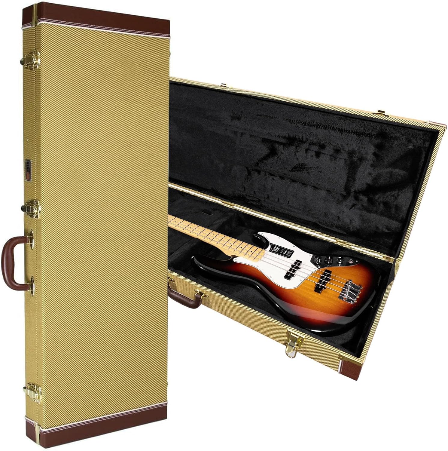 Gearlux Bass Guitar Hard Case, Fits Fender Precision/Jazz Bass and More with Exterior Lock and Key, Interior Accessory Compartment, and Plush Interior Padding - Tweed