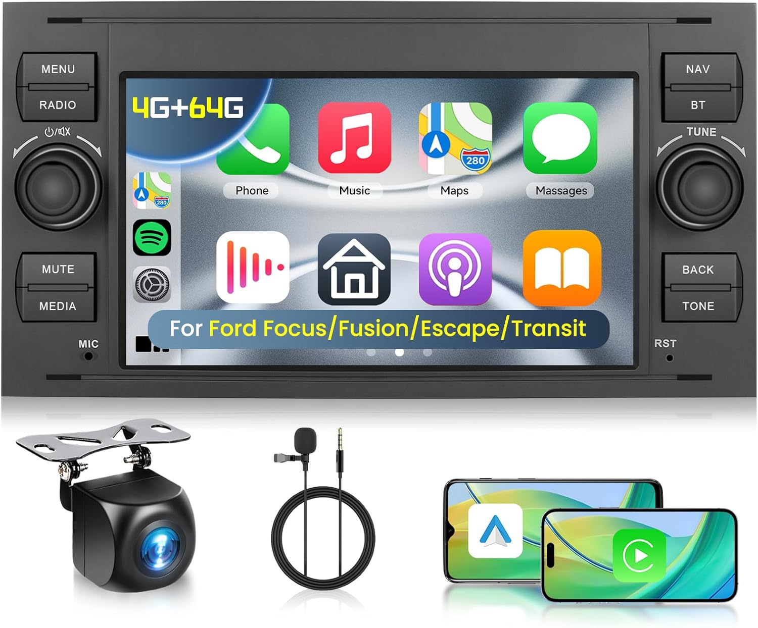 4G+64G Car Radio for Ford Fusion 2006-2011 Escape 2008-2012 Flex 2006-2008 Focus 2005-2007 Ford Transit 2005-2011 with Wireless CarPlay Android Auto 7 Inch IPS Touchscreen GPS WiFi BT DSP Audio