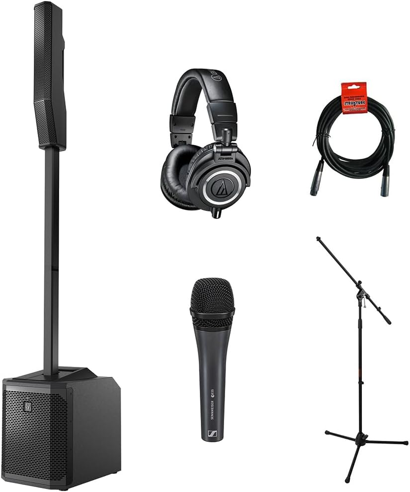 Electro-Voice Evolve 30M Portable 1000W Column Sound System with Sennheiser e 835 Handheld Mic,ATH-M50x Monitor Headphones, Mic Stand with Fixed Boom, and XLR-XLR Cable Bundle, black, F.01U.366.319