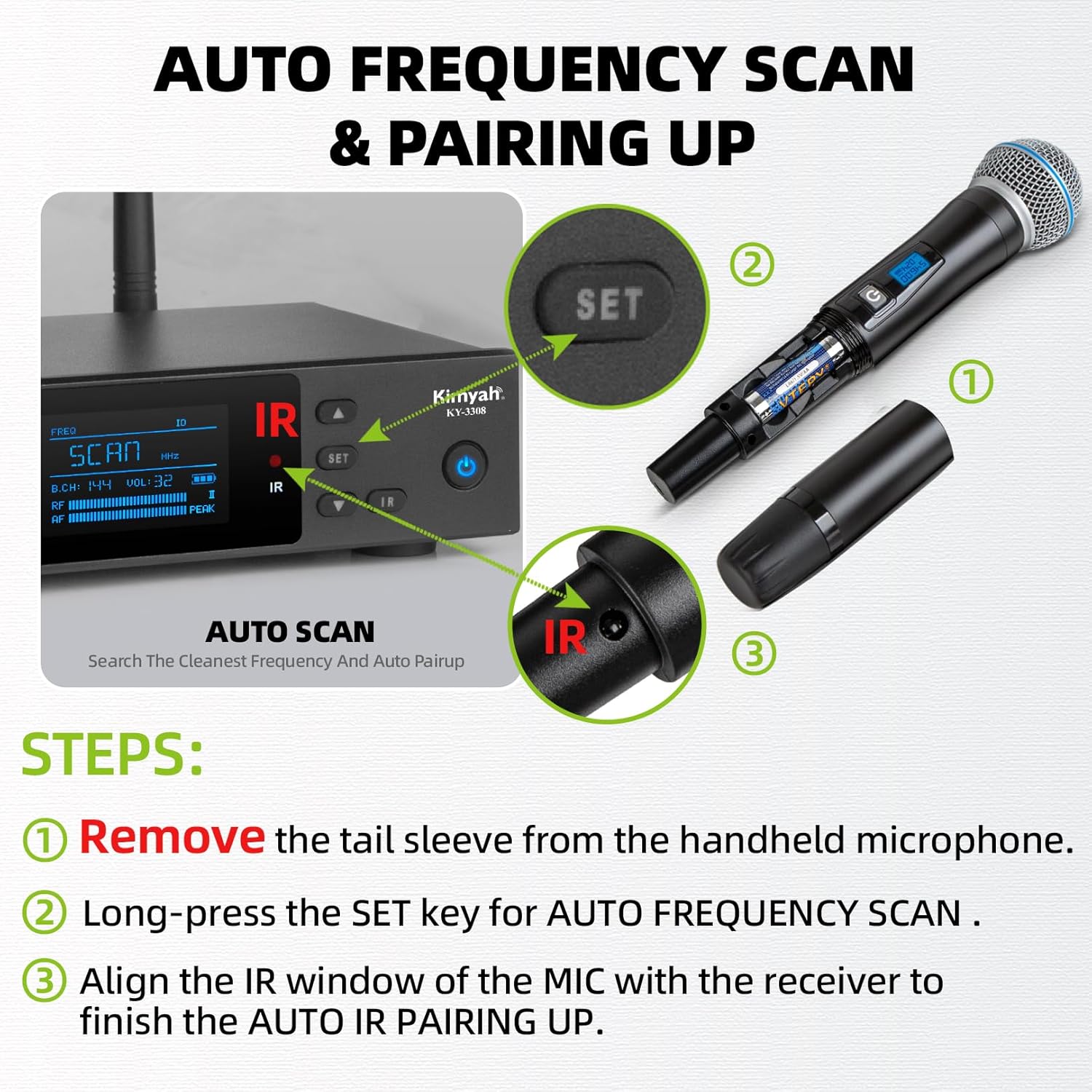 Kimyah Wireless Microphones System, 2x100 Channels Metal Cordless Handheld Microfonos, 328FT UHF Range, Mics with Stable Signal Transmission for Professional Stage, DJ and Party Karaoke(KY-3308)