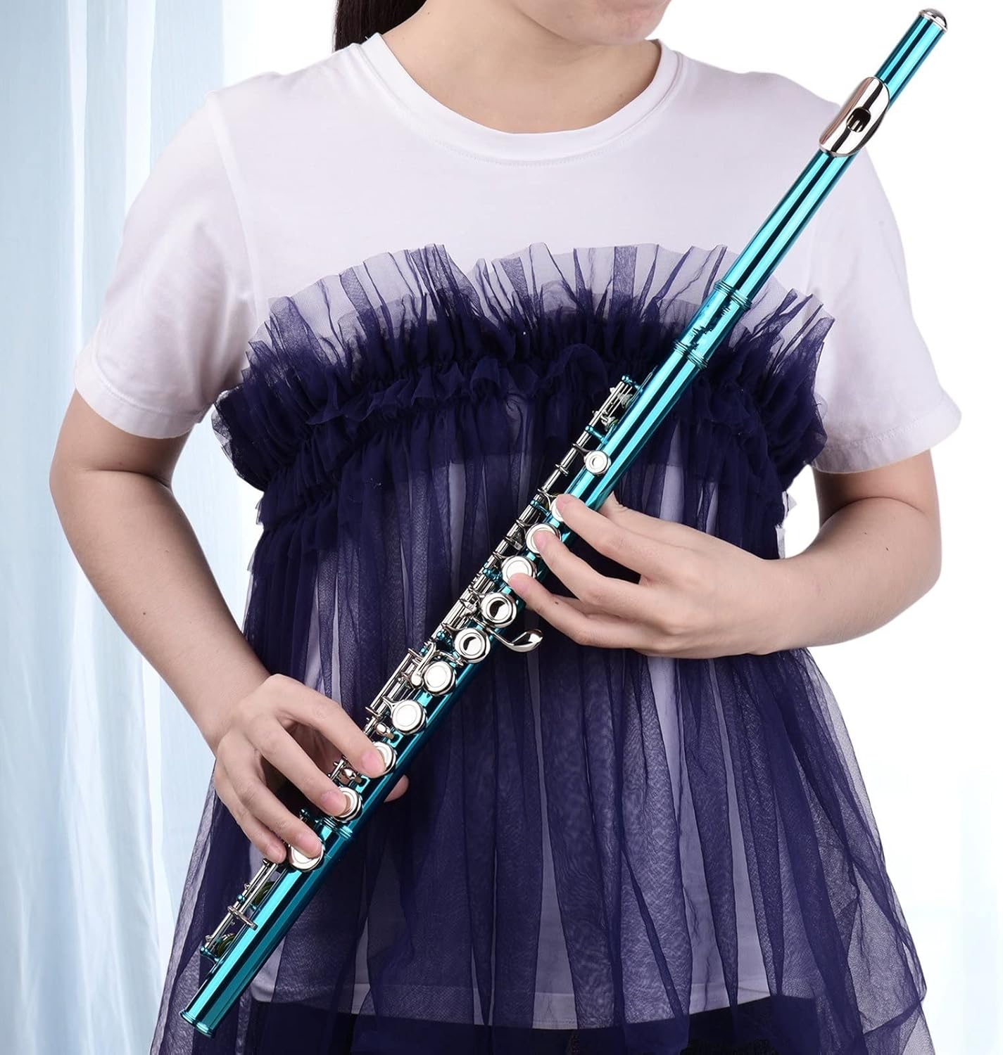 ZUZU Closed Hole C Flute 16 Keys Cupronickel Nickel-Plated Wind Instrument with Carry Case Flute Stand Gloves Cleaning Cloth Beginners Flute (Color : Dark Blue)