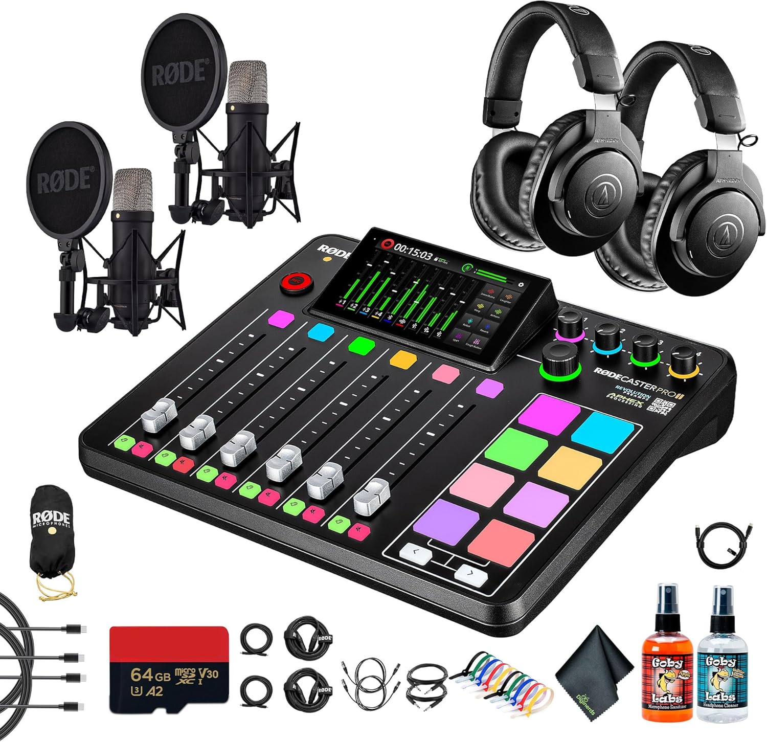 RODE RODECaster Pro II + 2x Studio Headphones + 2x RODE NT1 5th Gen Podcast Microphone + 64GB Micro SD Memory Card + Cable Ties + Replacement Cables + More (Bundle)