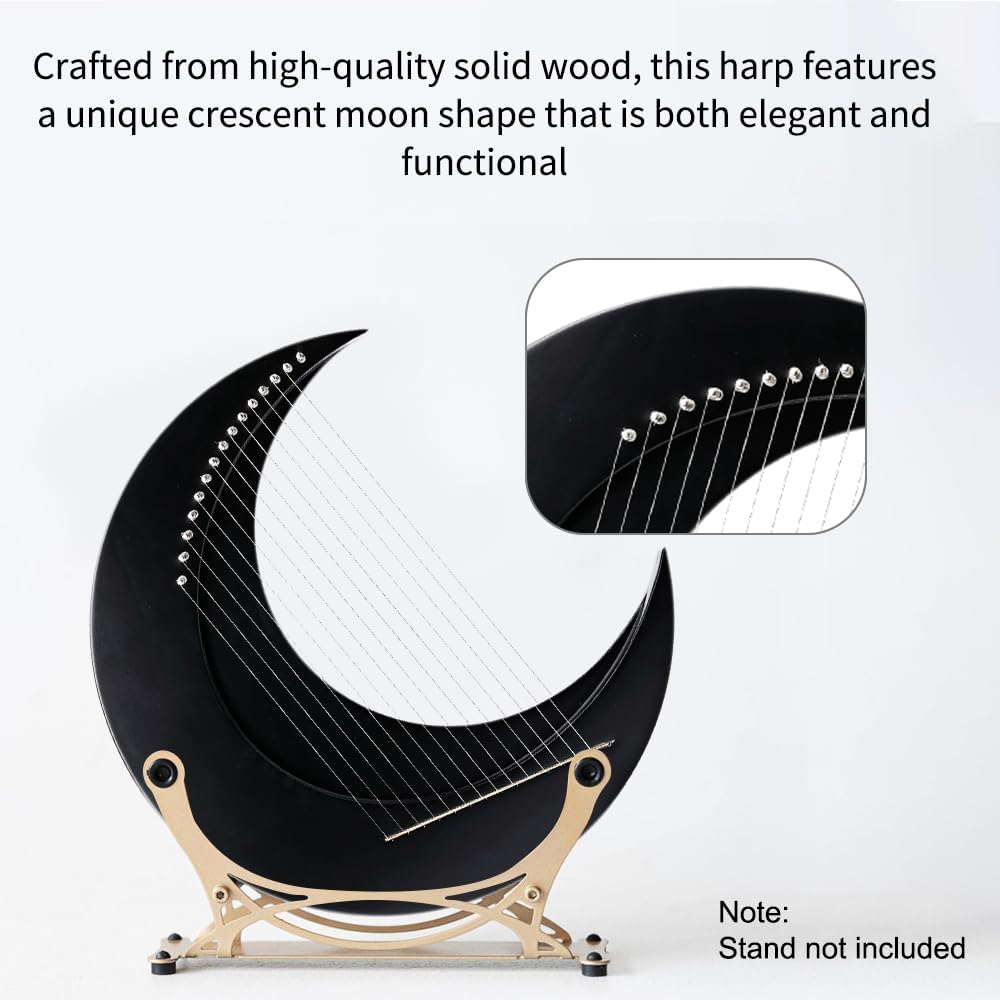 15-string Crescent Moon Type Lyre C Key Harp Portable Lyre Steel Wire Strings Mini Stringed Instrument Portable Harp for Music Lovers with Tuning Wrench Black