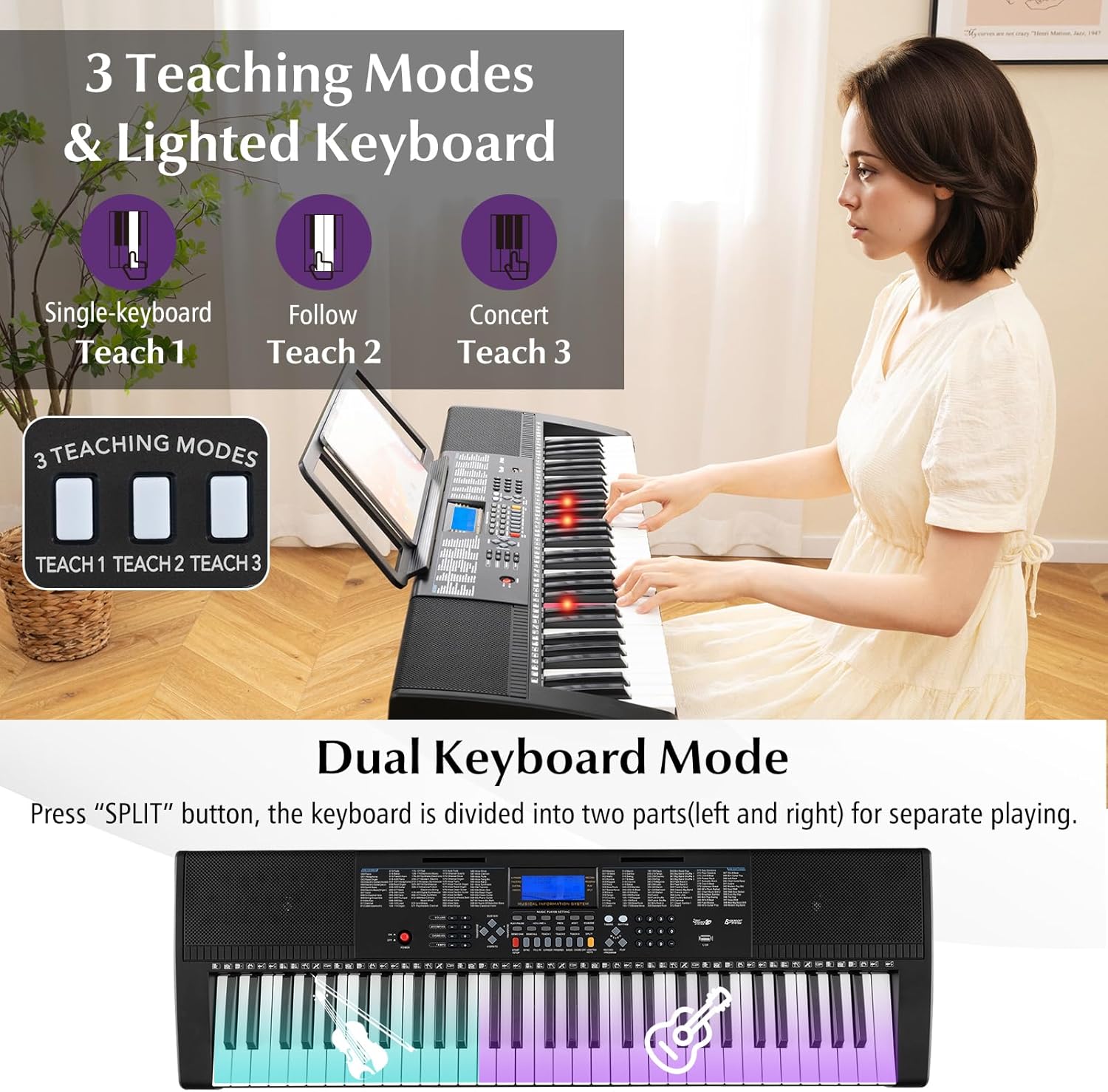 61 Key Digital Piano Keyboard, Electric Piano with Stand, Built-In Speakers, Portable Keyboard for Beginners, Adults