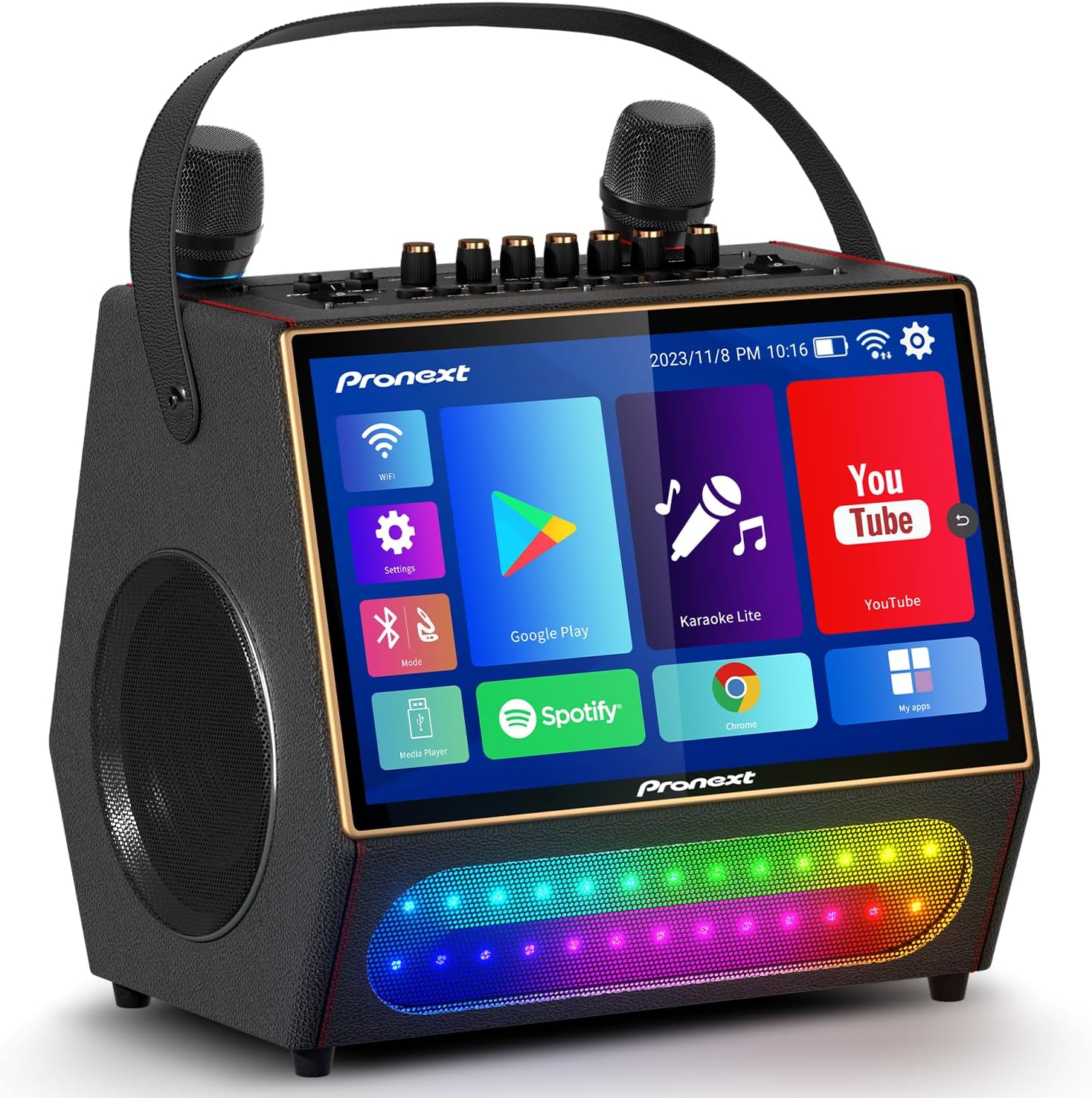 PRONEXT Karaoke Machine with Lyrics Display Screen for Adults, Bluetooth Speaker with 2 Rechargeable UHF Mics, 14
