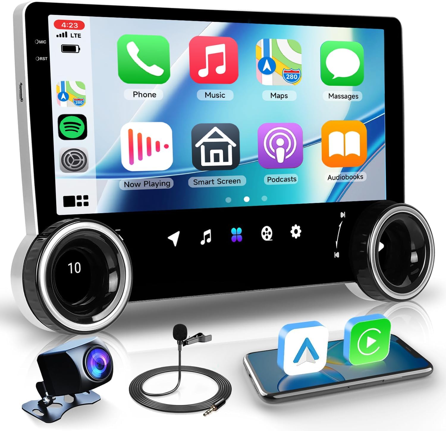 Android Car Stereo Double Din with Wireless CarPlay Android Auto,10.1-Inch Touch Screen Car Radio with Bluetooth, 4G+64G, GPS, WiFi, DSP, SWC, Type-C Ports, Backup Camera