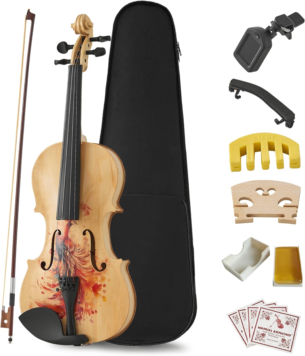 Beginner Violin 4/4 Full Size, Violin 4/4 with Case & Rosin Padded Shoulder Rest, Wood Fiddle with Mute & Electronic Tuner, Bridge & Extra Strings, Ready to Play for Teens & Adult, Painted 2