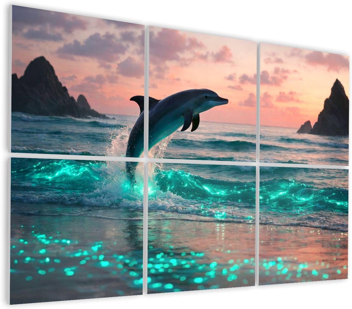 6 Pack Art Acoustic Panels Self Adhesive Dolphin Leaping Glowing Turquoise Waves Sunset Decorative Soundproof Wall Panels Sound Absorbing Panel 48