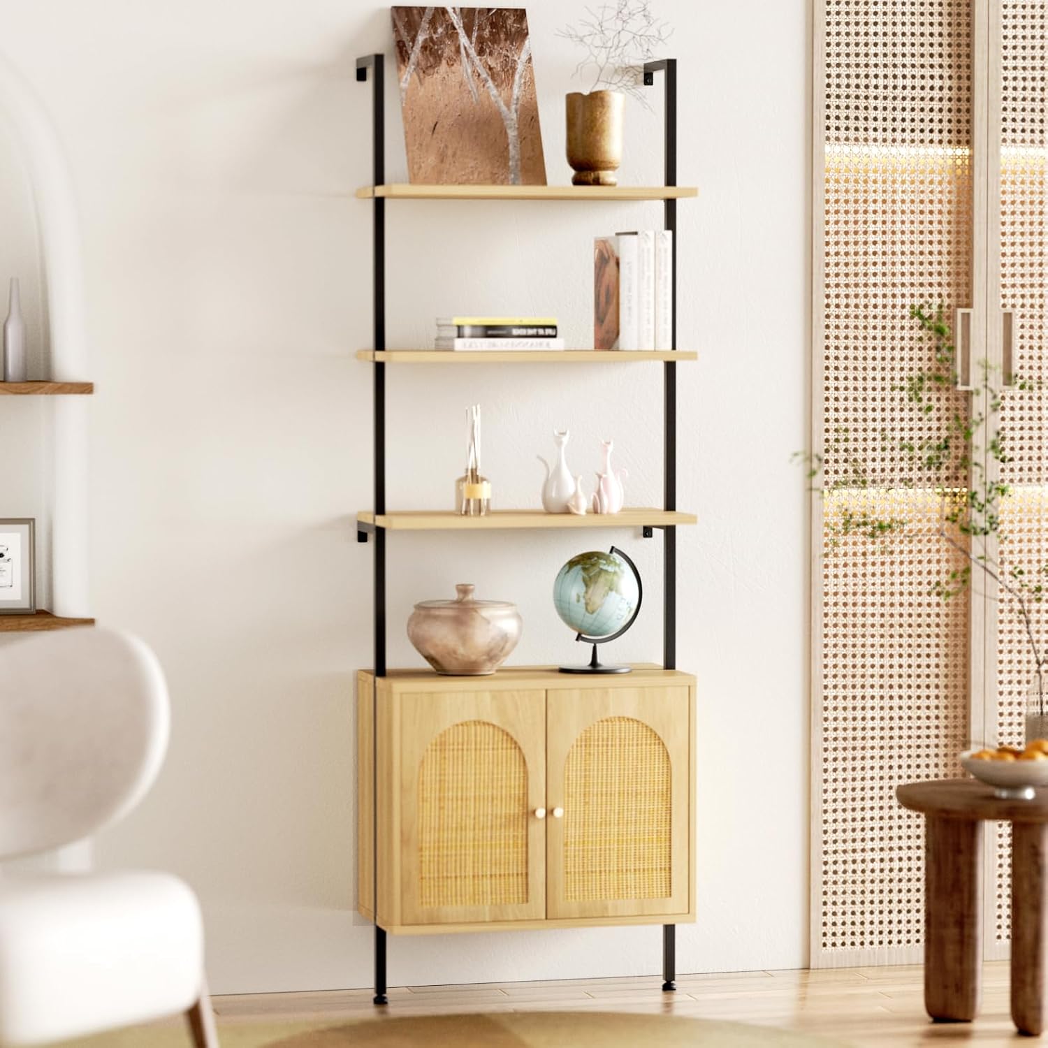 3 Tier Ladder Bookshelf with Rattan Cabinet, Open Bookshelf with Cabinet, Wall Mount Bookcase with Metal Frame for Home Office, Bedroom, Oak