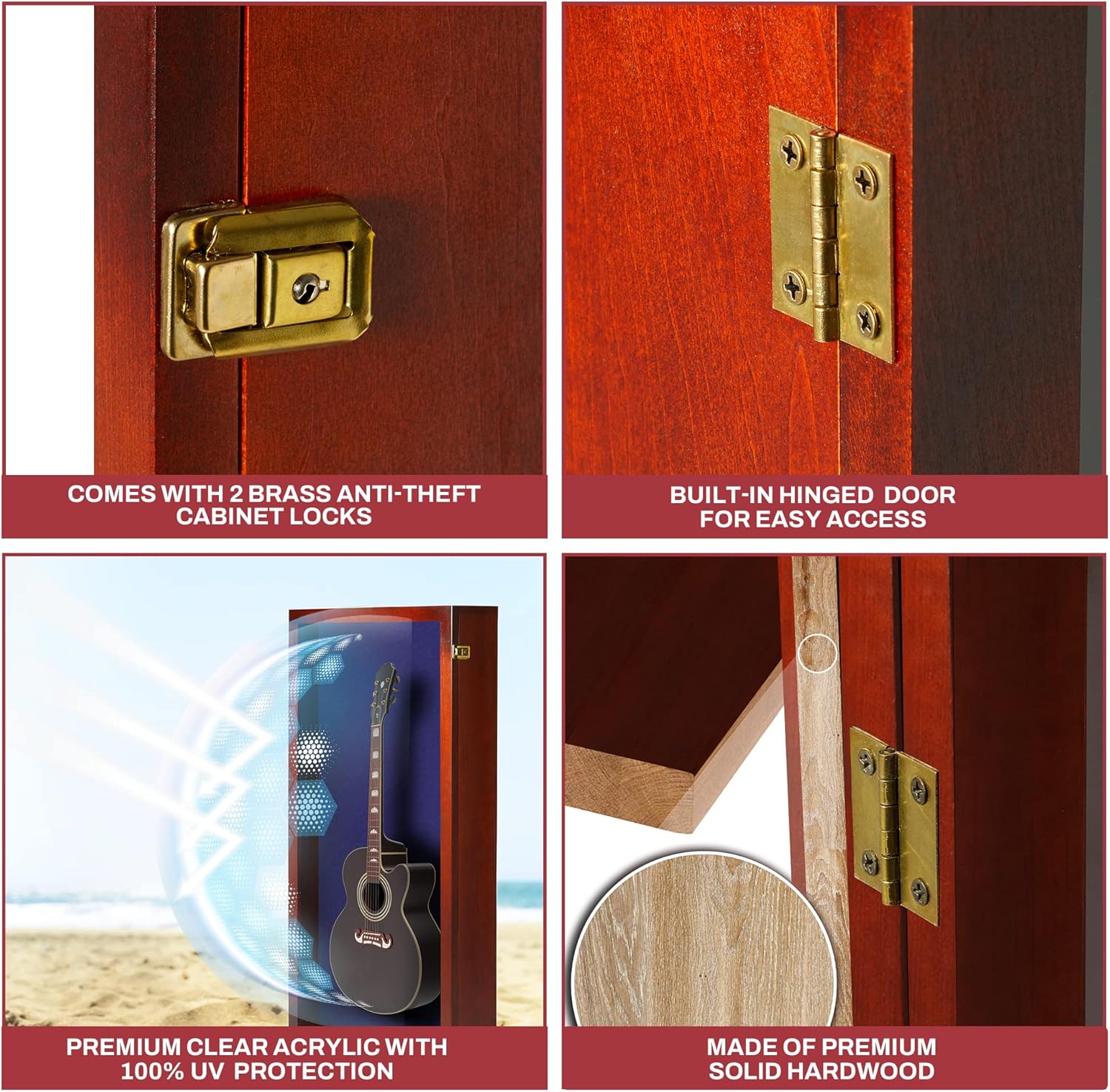 PENNZONI Extra Large Acoustic Guitar Display Case - Wall Mount Display Case for Acoustic/Electric Guitars - Ultra Clear Acoustic Guitar Solid Wood Frame Display Case | Cherry, Blue Felt