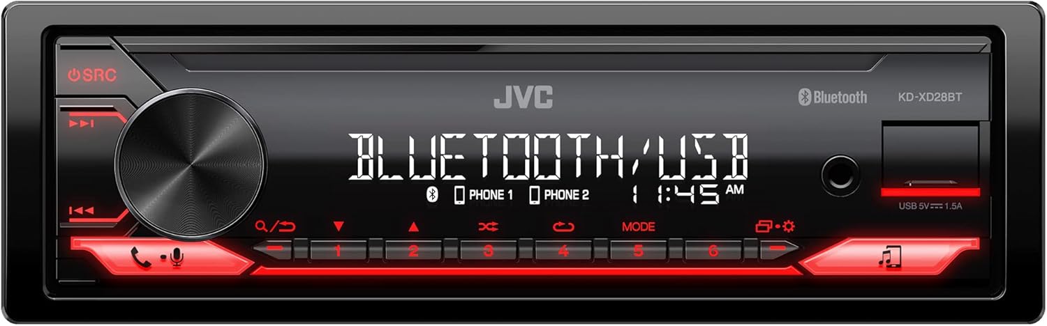 JVC KD-XD28BT Bluetooth Car Stereo w/USB Port – AM/FM Radio, MP3 Player, High Contrast LCD, 50 Watts, Detachable Face Plate – Single DIN – 13-Band EQ