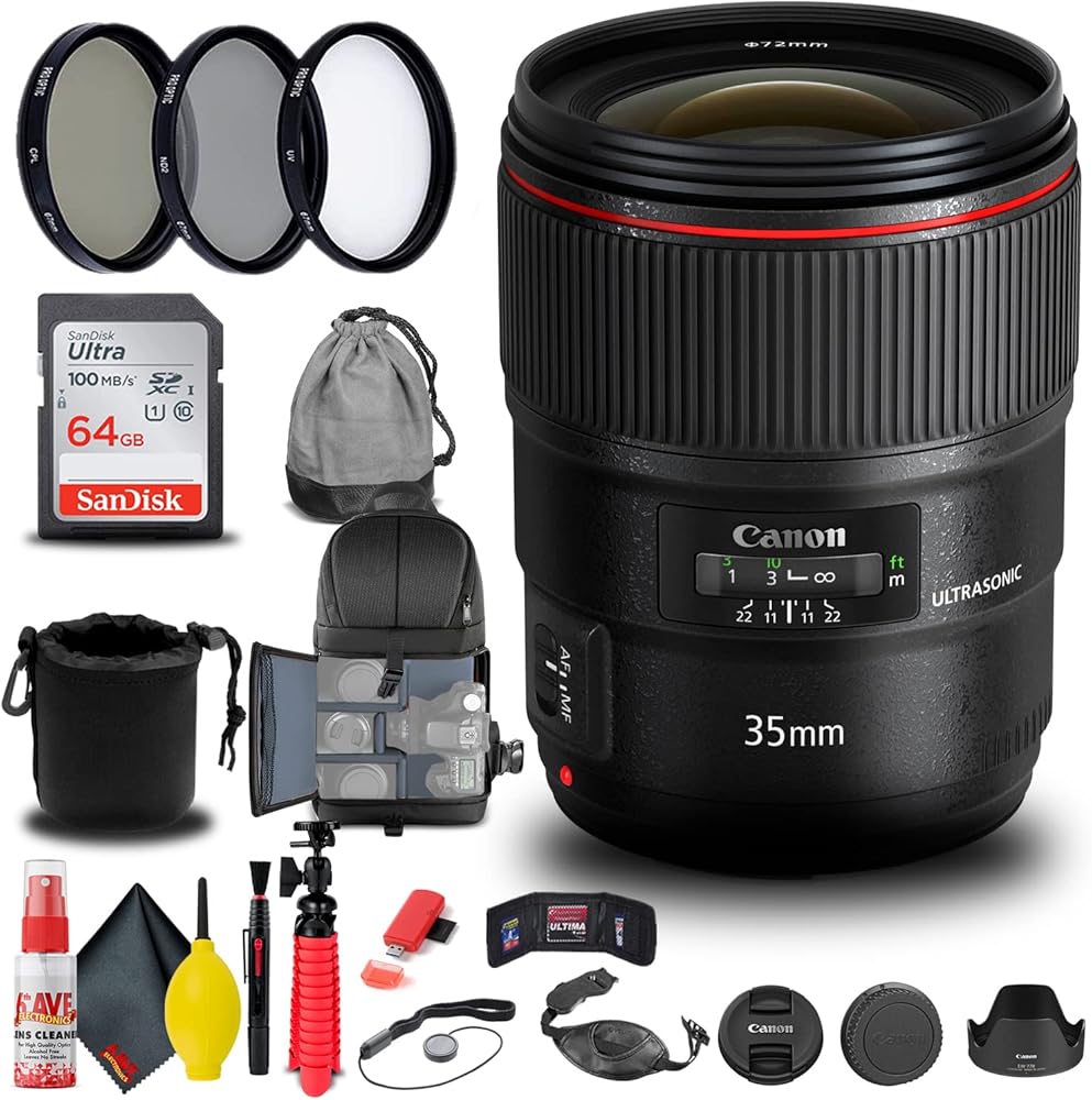Canon EF 35mm f/1.4L II USM Lens (9523B002) + Filter Kit + Backpack + 64GB Card + Card Reader + Flex Tripod + Memory Wallet + Cap Keeper + Cleaning Kit + Hand Strap + More (Renewed)