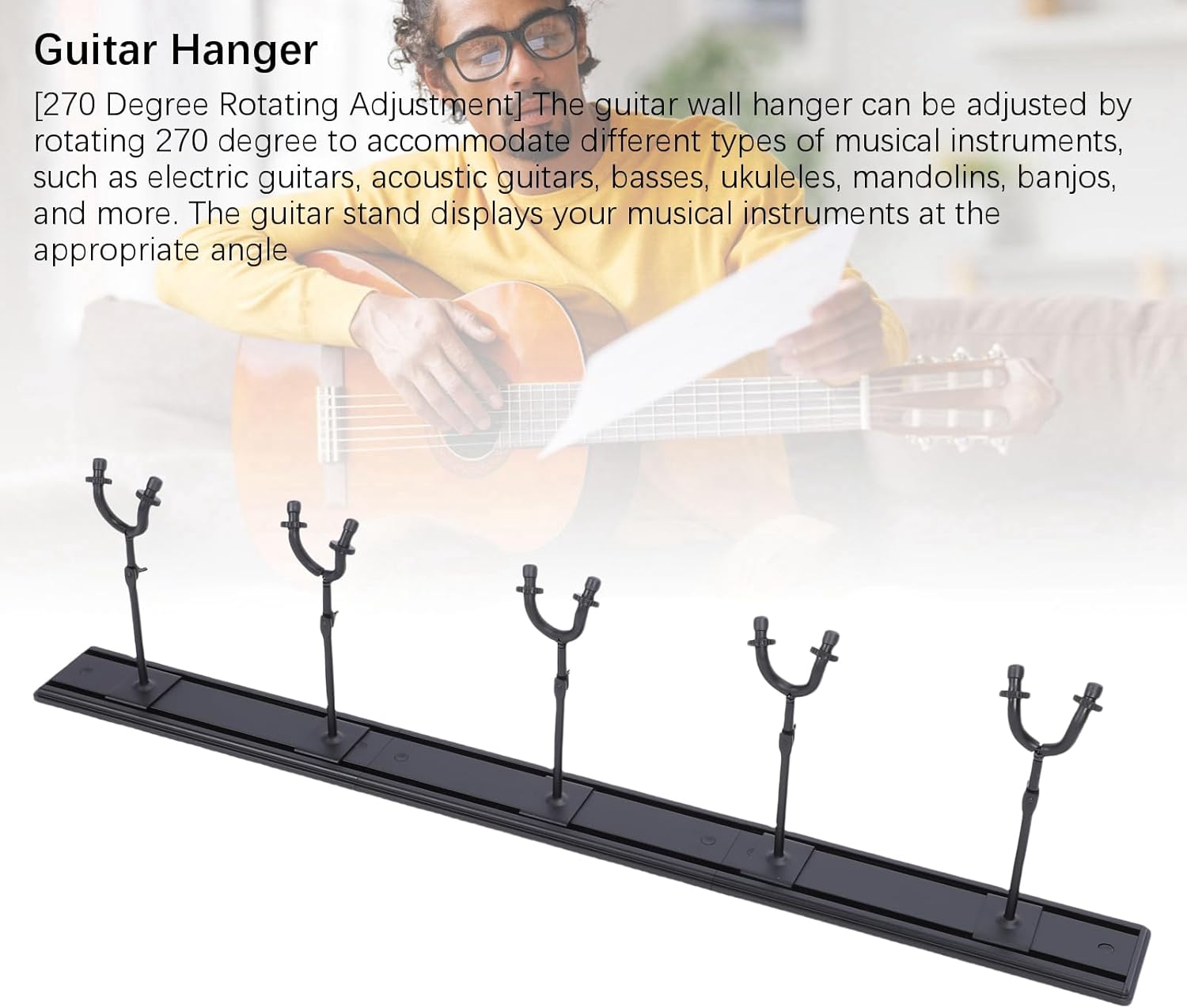 Wall Mount Guitar Rack | 5 Adjustable Hooks for Acoustic / Electric Guitars / Basses | 270° Rotating Metal Hanger, Space Saving Display