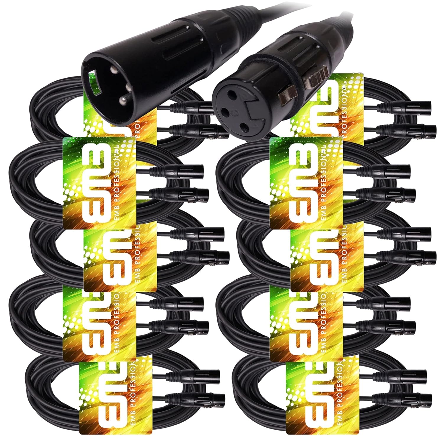 EMB Audio Professional Shielded Speaker Cable XLR Male to Female Patch Cords for use with DJ, Home, Microphone, Instrument and Speaker (15FT / 18GA, 10-Pack)