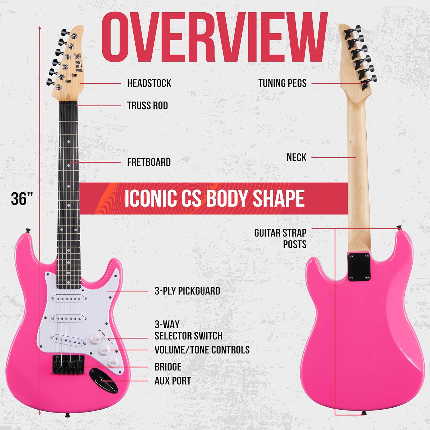 LyxPro 36 Inch Electric Guitar and Kit for Kids with 3/4 Size Beginner’s Guitar, Amp, Six Strings, Two Picks, Shoulder Strap, Digital Clip On Tuner, Cable and Soft Case Gig Bag -Pink