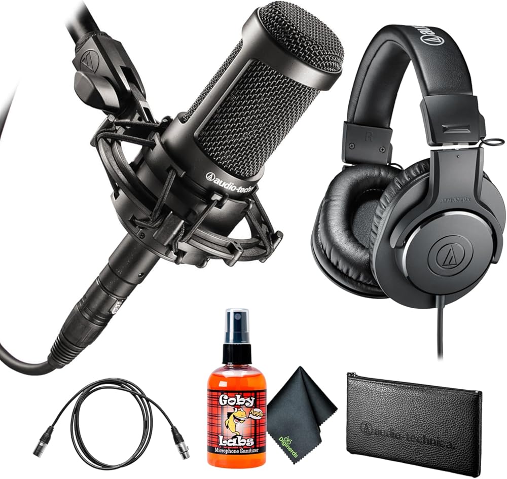 Audio-Technica AT2035 Cardioid Condenser Microphone, Black ATH-M20x Studio Monitor Headphones, Black (AUD ATHM20X) + PodMaster Boom Broadcast/Podcast Boom Arm Mic Stand + More