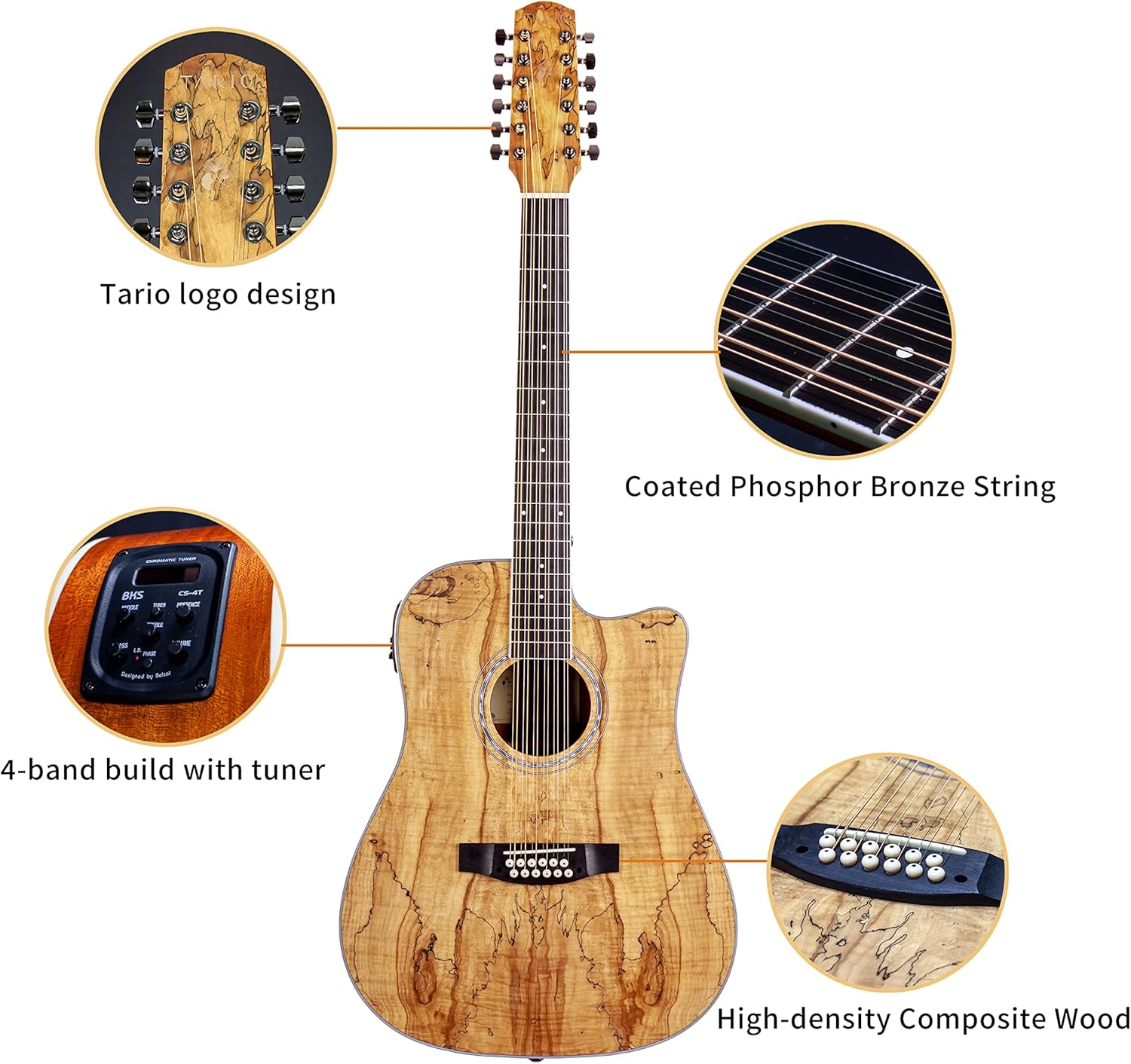TARIO 12 Strings Acoustic Electric Cutaway Guitar Spalted maple Top Mahogany back & sides Okoume Neck