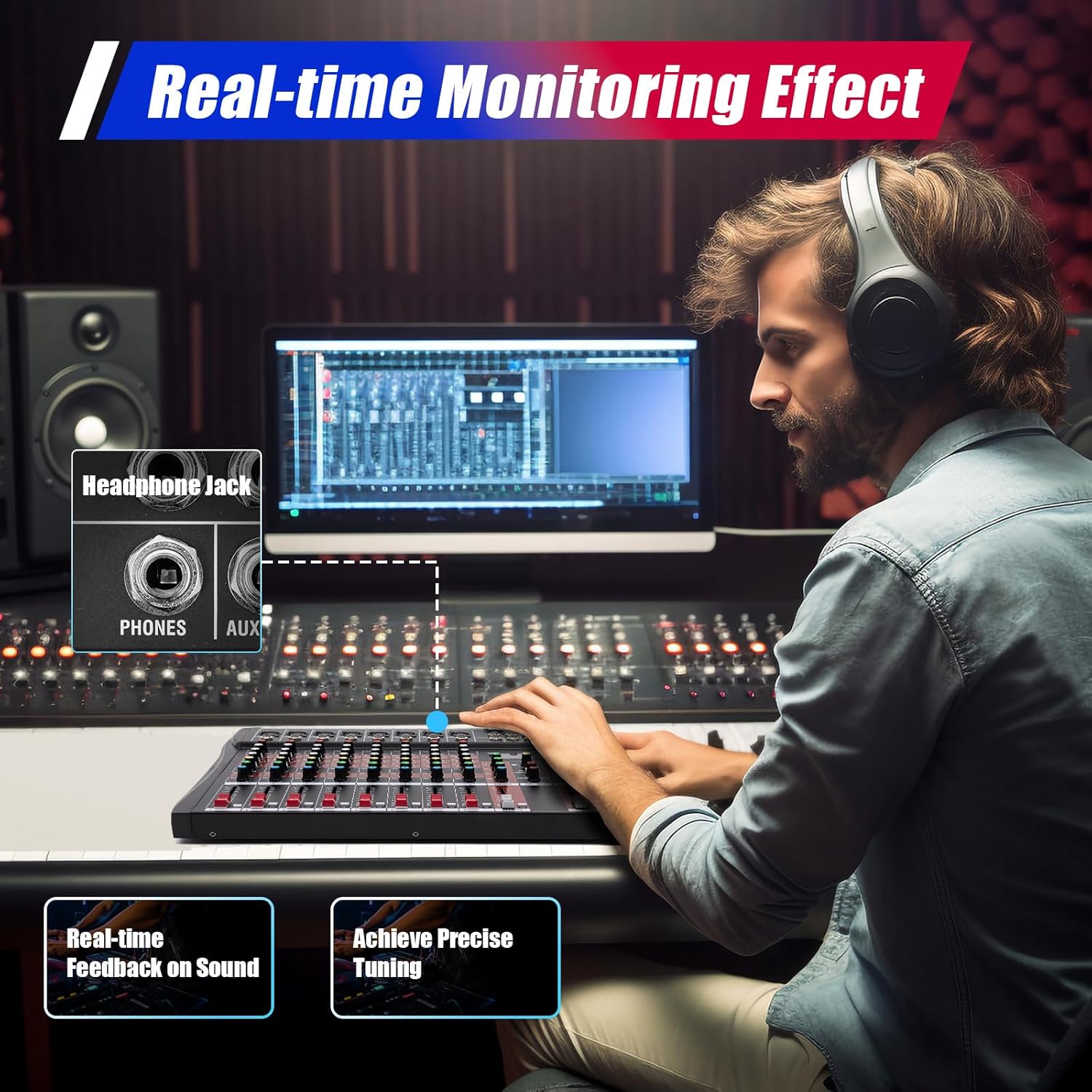 Professional Audio Mixer Sound Board Console System Interface 4 Channel Digital USB MP3 Input 48V Phantom Power Stereo DJ Studio FX Steel Chassis，Black Bluetooth USB Audio Mixer for PC