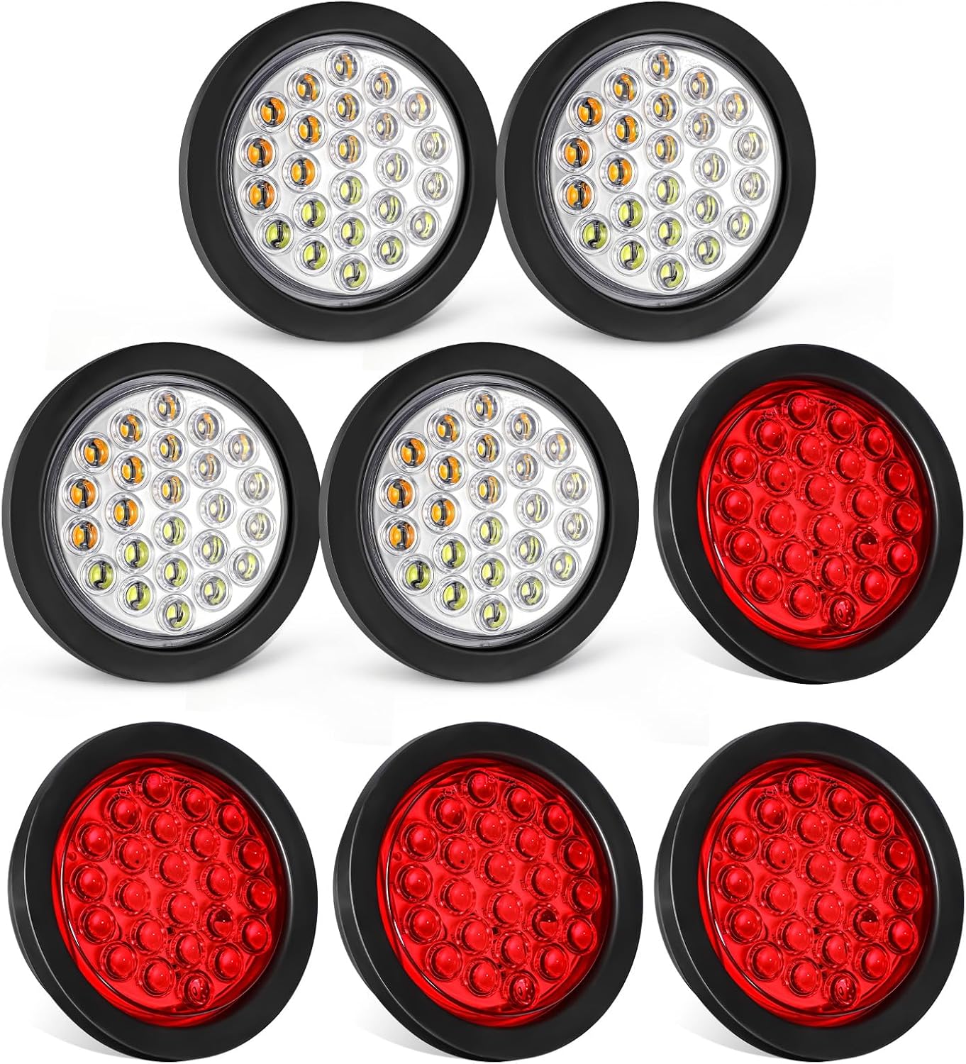 Partsam 4X 4 Inch Round Amber White Strobe Lights Dual Color 24 LEDs, 4Pcs 4 Inch Round LED Trailer Tail Lights Red 24LEDs Waterproof 12V Grommet Plug Included