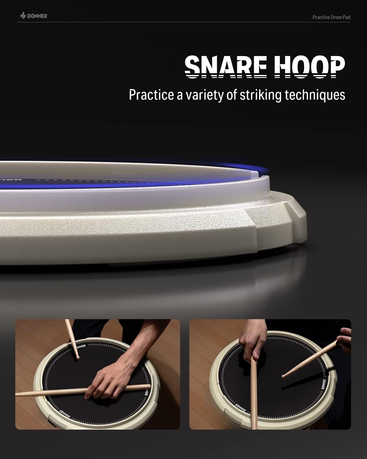 Donner Drum Practice Pad & Stand Kit with 12'' Silent Marching Pad, Drumsticks, Backpack - Adjustable Fits 10''-14'' Drums (White)