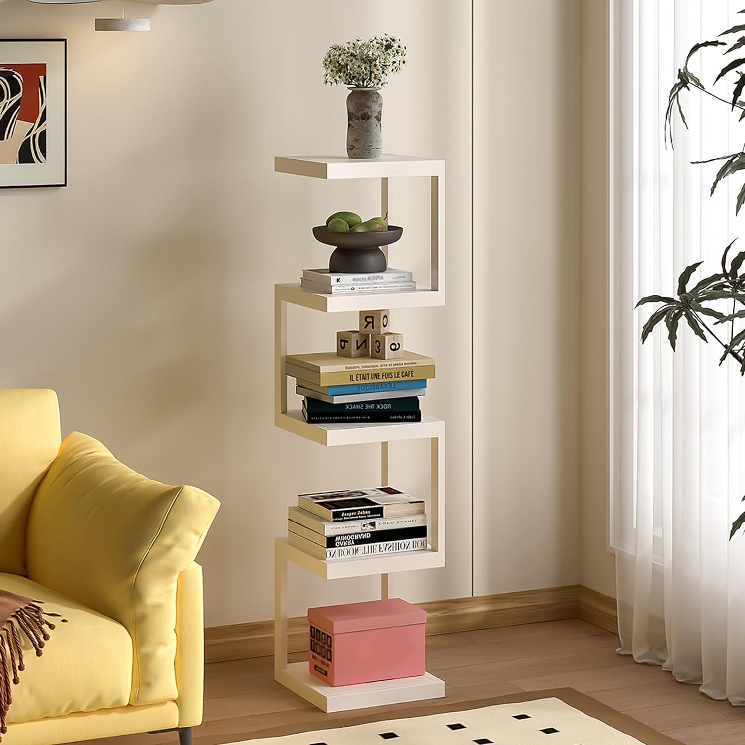 Metal Spine Bookshelf Tower, Modern Open Vertical Bookcase, Corner Storage Rack, Floor Standing Organizer, Sturdy Display Shelf for Small Space(White,96cm/37.8in)