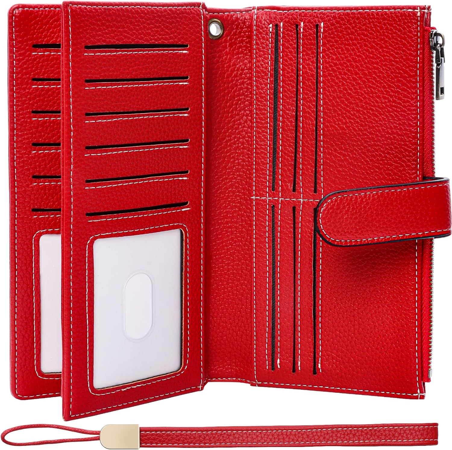 Women's RFID Blocking Long Wallet Genuine Leather with Wristlet and ID Window (Red)
