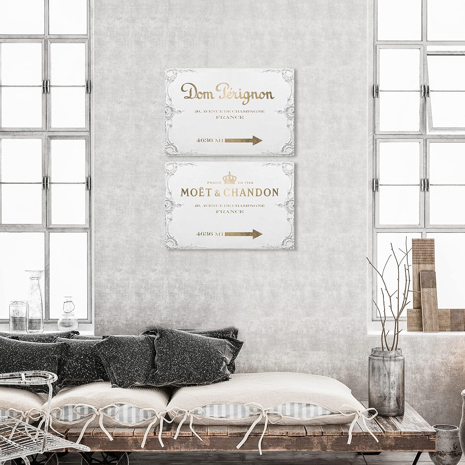 The Oliver Gal Artist Co. Fashion and Glam Contemporary Vintage Wine Lettering Canvas Wall Art Dom Star Champagne Road Sign SET Living Room Bedroom and Bathroom Home Decor 30 in x 20 in Gold and White