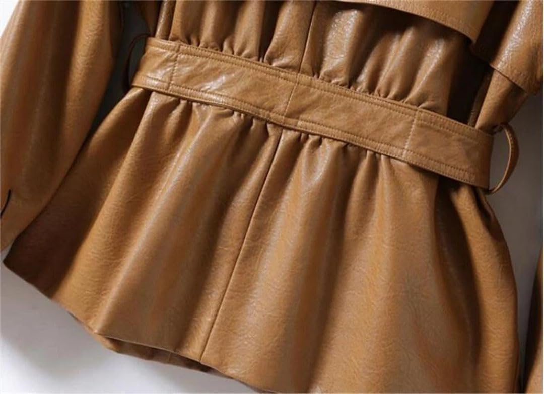 Women's Spring Lapel Pu Leather Bomber Jacket, Long Sleeves, Elastic Hem Leather Jacket