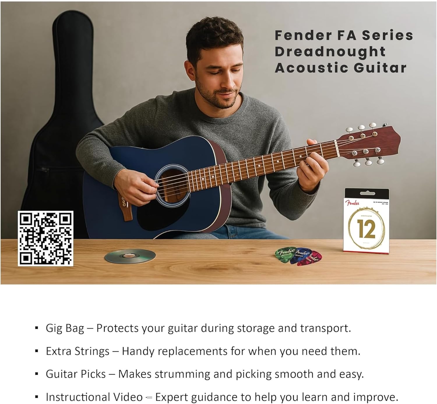 Fender FA Series Dreadnought Acoustic Guitar - Saphire Blue Bundle with Gig Bag, Strings, Picks, and Austin Bazaar Instructional DVD