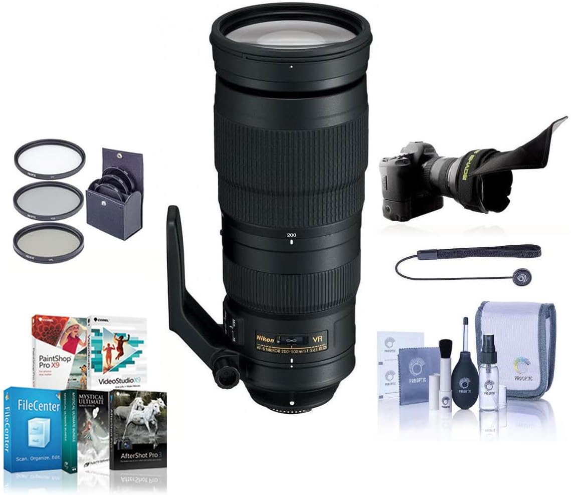 Nikon 200-500mm f/5.6E ED AF-S VR Zoom NIKKOR Lens- Bundle with 95mm Filter Kit, Flex Lens Shade, Cleaning Kit, Cap Leash, Software Package