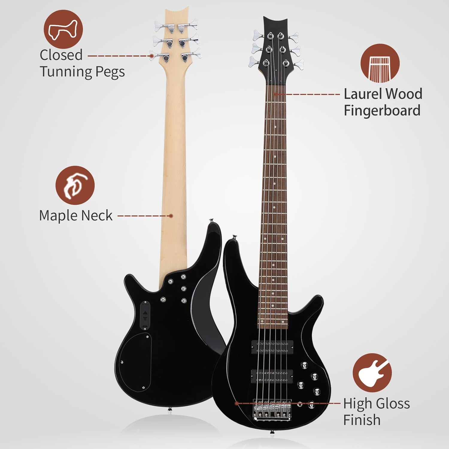 Ktaxon Bass Guitar 6 String Electric Bass Guitars, Beginner Bass Guitar with Professional H-H pickup, 3 Way Pickup Selector, Premium Cable, Unique Body Design for Beginner (Upgraded Black)