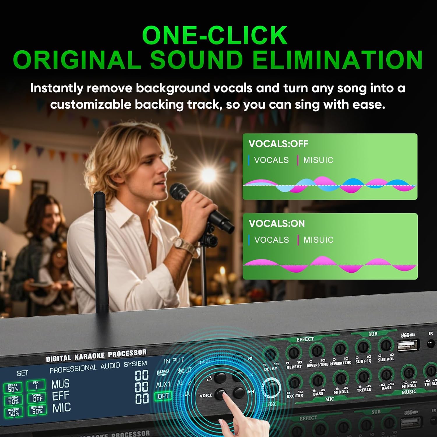 AX-666 Professional Karaoke Processor KTV Mixer with Dual Wireless Microphones, Digital Pre-Stage Effector Audio Vocal Effects Processor System with DSP Anti-Howling USB MP3 Bluetooth Optical