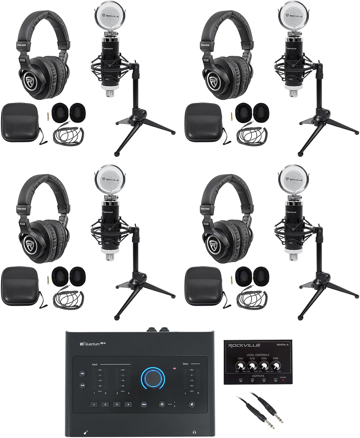 Audiosavings Bundle: (1) Presonus Quantum ES4 USB-C Audio Interface Bundle with (4) Condenser Mic & (4) Studio Headphones & (4) RDTS Mic Stand & (1) Headphone Amplifier & (1) TRS Cable (15 Items)