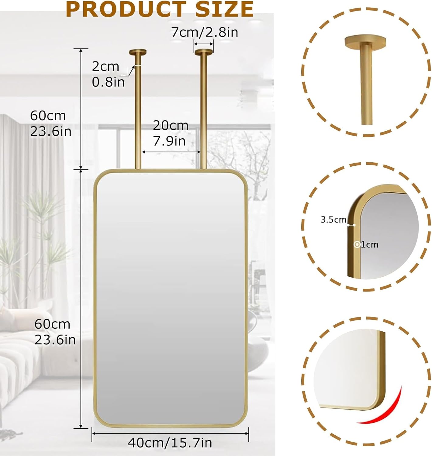 Ceiling Mounted Entryway Mirror Ceiling Vanity Make Up Mirrors Hanging Bathroom Mirror Mount Mirrors Metal Pole Ceiling Suspended Mirror Corner Mirror Wall Mount Square Shaped Wall Decor For Bedroom(7