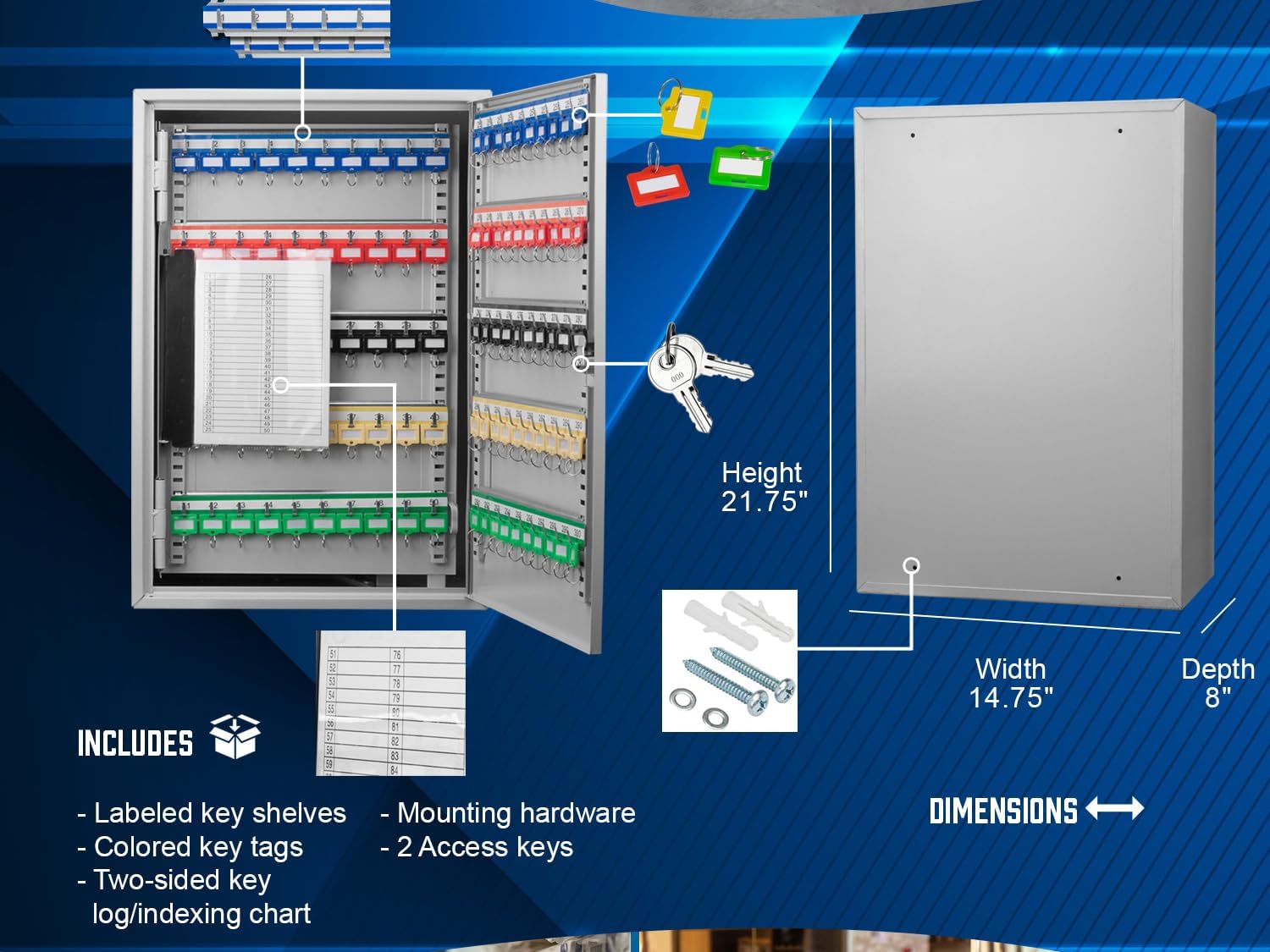 Barska Steel 300 Key Cabinet Organizer – Locking Wall Mount Safe with Adjustable Numbered Hooks, Index Sheet & Key Tags for Business or Office Security