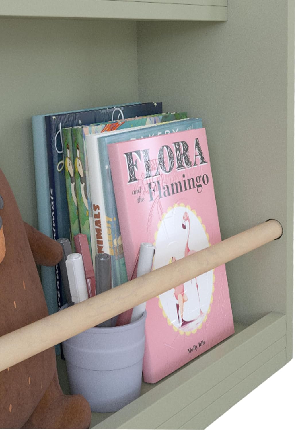 Kids Book Display Shelf, 3-Tier Wall Mount Bookcase, Sage Green, MDF and Pine Wood, Nursery Storage Rack for Children's Bedroom, Playroom