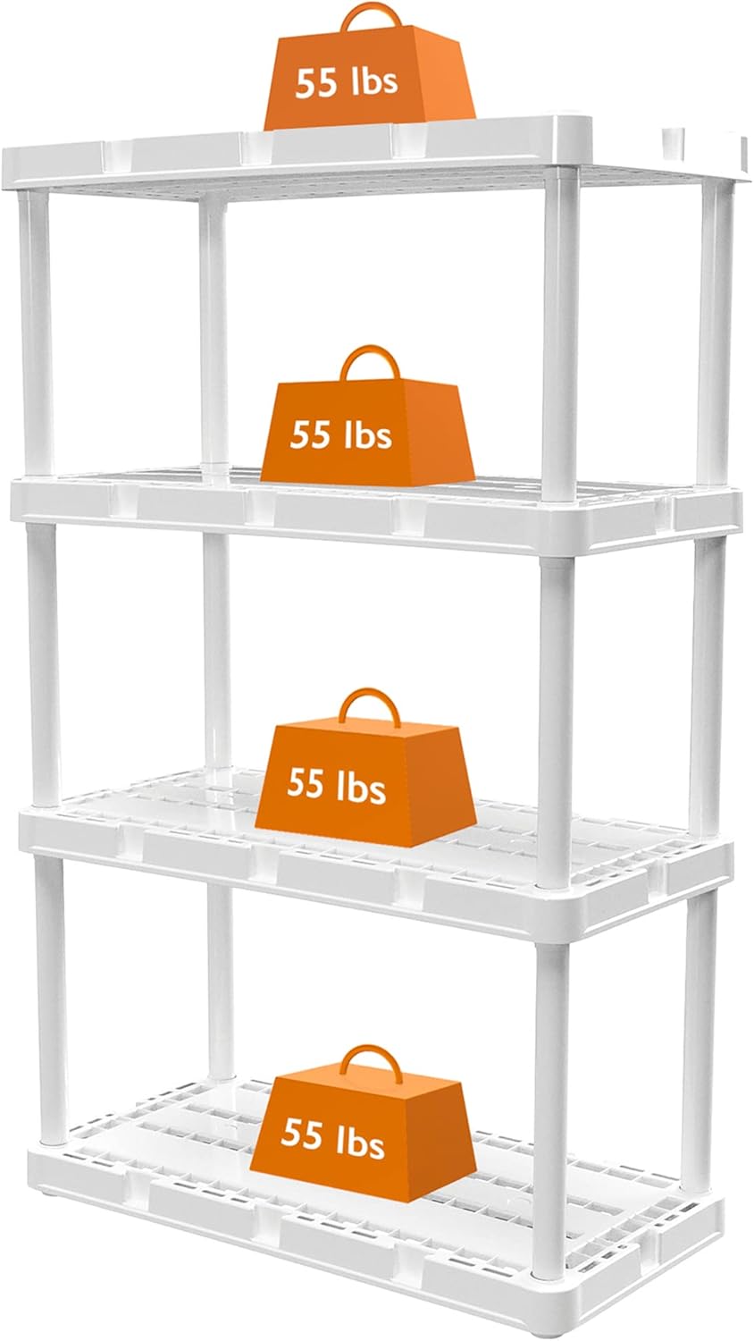Gracious Living 3 Pack Light Duty Storage Shelves, Knect-A-Shelf 4-Shelf Ventilated Shelving Rack Organizer for Home, Garage, Basement & Laundry, White