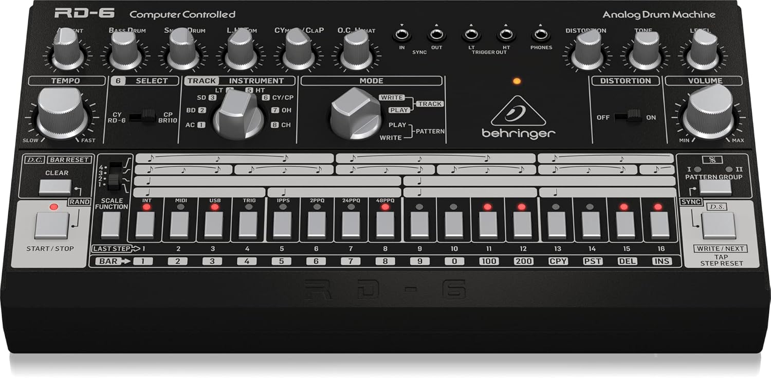 Behringer RHYTHM DESIGNER RD-6-BK Analog Drum Machine with 8 Drum Sounds, 64 Step Sequencer and Distortion Effects