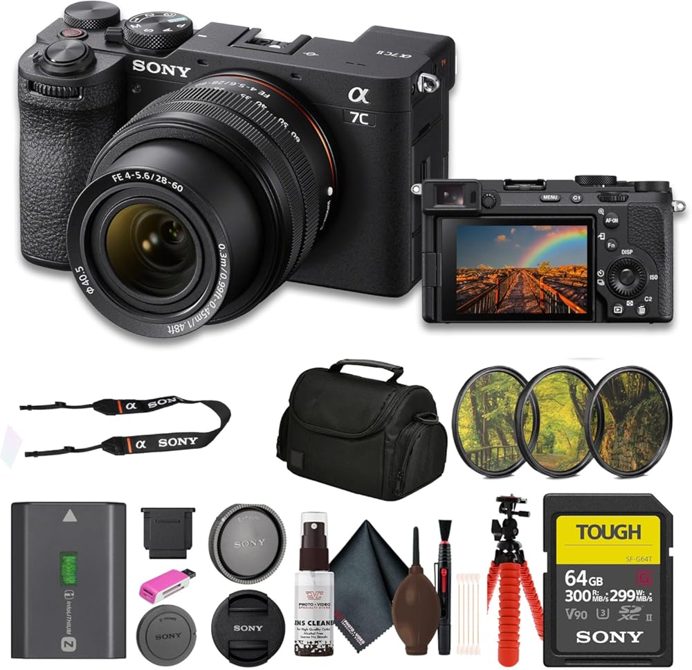 Sony a7C II Mirrorless Camera with 28-60mm Lens (ILCE-7CM2L/B) + 64GB SF-G Tough Card + Filter Kit + Bag + Card Reader + Flex Tripod + Cleaning Kit