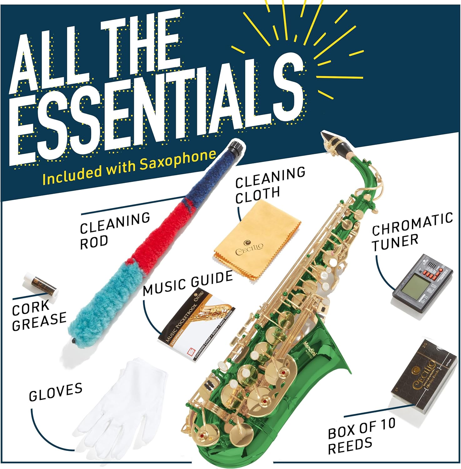 Mendini By Cecilio Alto Saxophone for Beginners, E Flat Alto Saxophone for Students Musicians with Tuner, Mouthpiece, Case, 10 Reeds, Grease, Cleaning Cloth & Rod, Gloves, Strap, Lesson Book (Green)