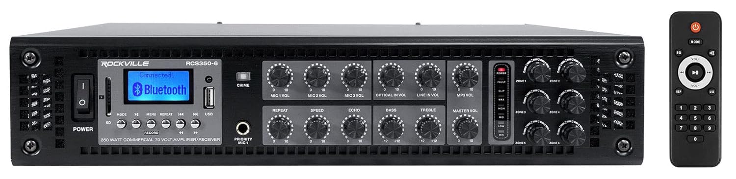 Rockville RCS350-6 350 Watt 6 Zone 70v Commercial/Restaurant Amplifier/Bluetooth Bundle with (12) PEN-40T Black 4